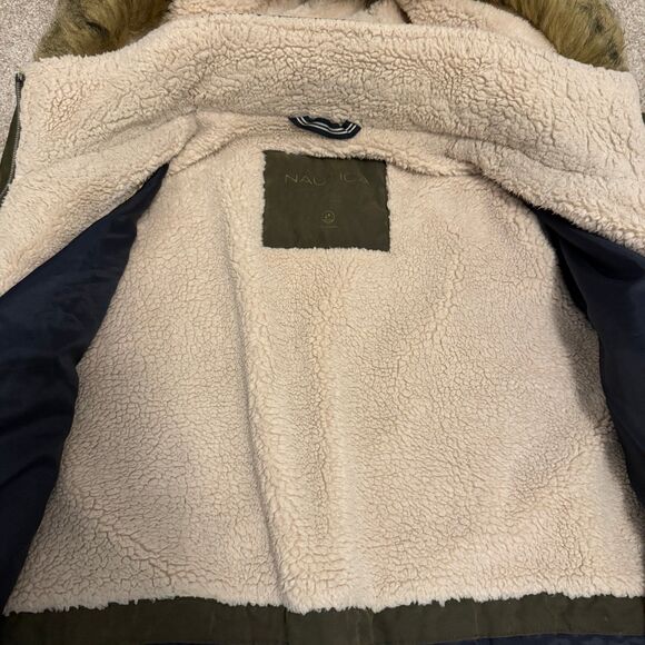 Nautica Drawstring Waist Parka Jacket Removeable Faux Fur Hood Olive Size XL - Picture 7 of 12